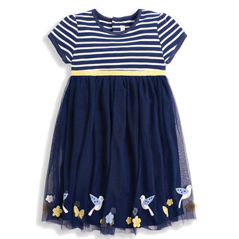 英國 JoJo Maman BeBe 超優質嬰幼兒/兒童100％純棉薄紗短袖洋裝_藍紗鳥語花香 (JJE5426)-