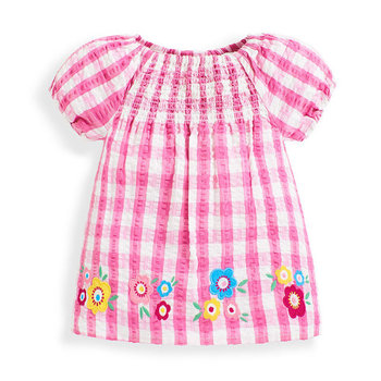 英國 JoJo Maman BeBe 嬰幼兒/兒童100% 純棉短袖上衣_粉白格紋 (JJ-E4326)-