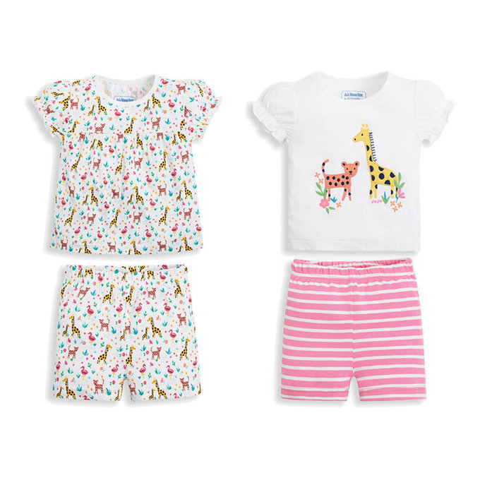 英國 JoJo Maman BeBe 超優質嬰幼兒/兒童春夏100%純棉短袖家居服/睡衣2套組_長頸鹿與小花豹(JJE5438)
