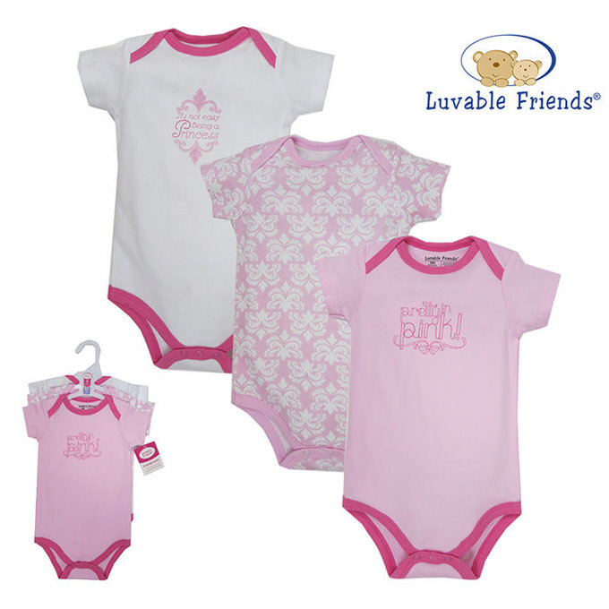 美國 luvable friends 甜蜜寶貝 100%純棉嬰幼兒短袖包屁衣3件組_白色圖騰 (LF60607)