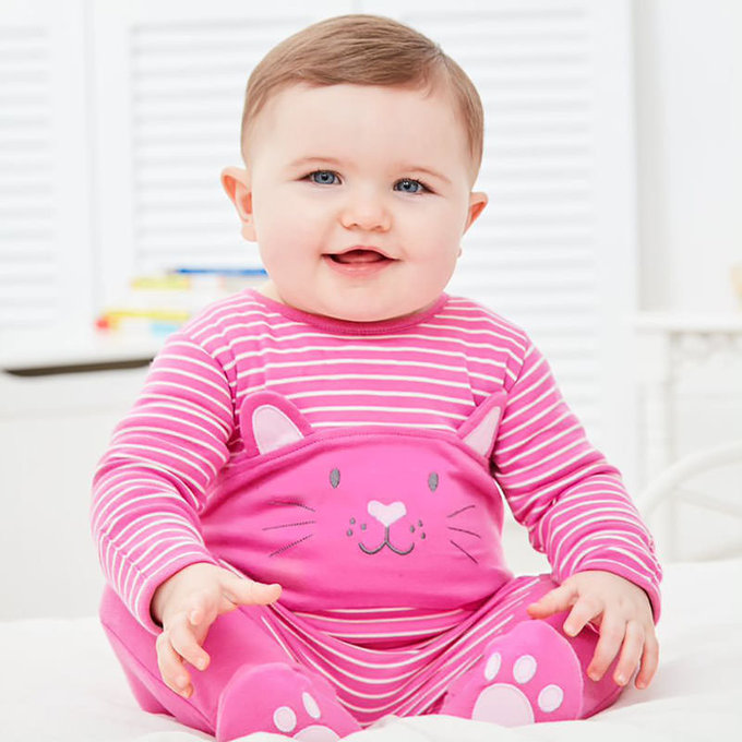 英國 JoJo Maman BeBe 嬰幼兒長袖純棉包腳連身衣_ 粉紅貓 (JJGL-E1555)
