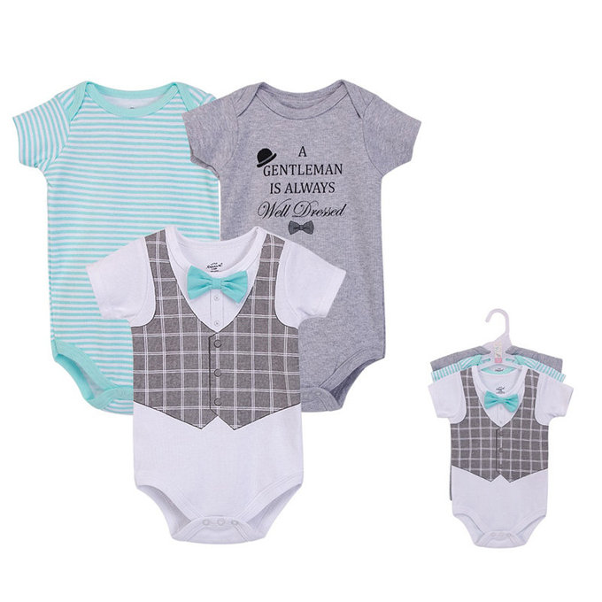 美國 luvable friends 甜蜜寶貝  100%純棉嬰幼兒短袖包屁衣3件組_紳士品格(LF72354)