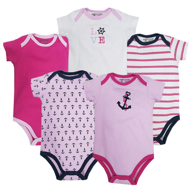 美國 luvable friends 甜蜜寶貝  100%純棉嬰幼兒短袖包屁衣5件組_粉船錨水手 (LF30489)