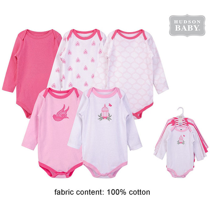 美國 luvable friends 甜蜜寶貝  嬰幼兒100%純棉長袖包屁衣5件組_粉鳥飛翔(LF55783)