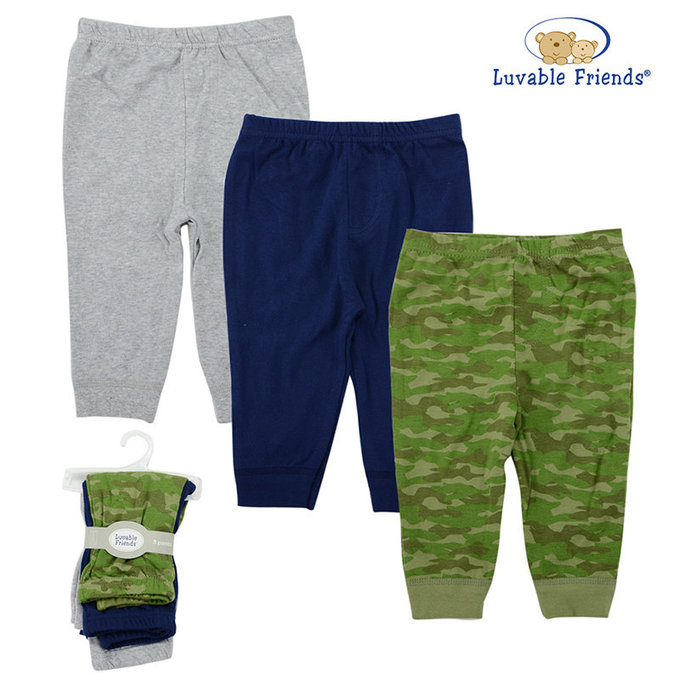美國 luvable friends 甜蜜寶貝 100%純棉嬰幼兒長褲3件組_素面迷彩組(LF32146)