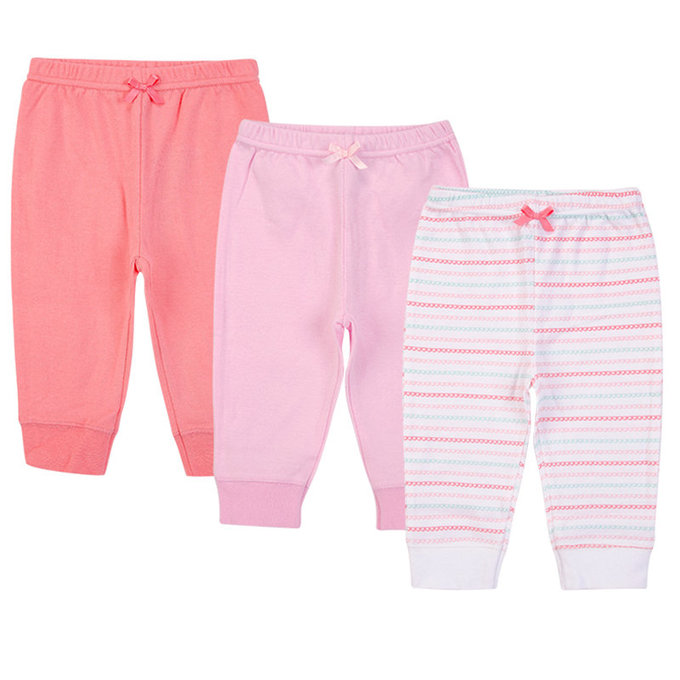美國  luvable friends 100%純棉嬰幼兒長褲3件組_粉橘條紋(LF56954)