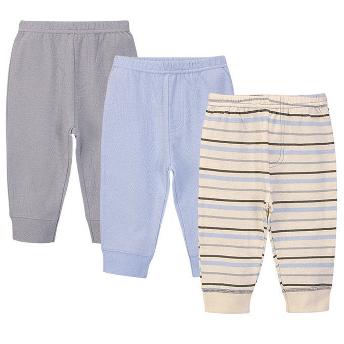 美國  luvable friends 100%純棉嬰幼兒長褲3件組_灰藍條紋(LF56962)