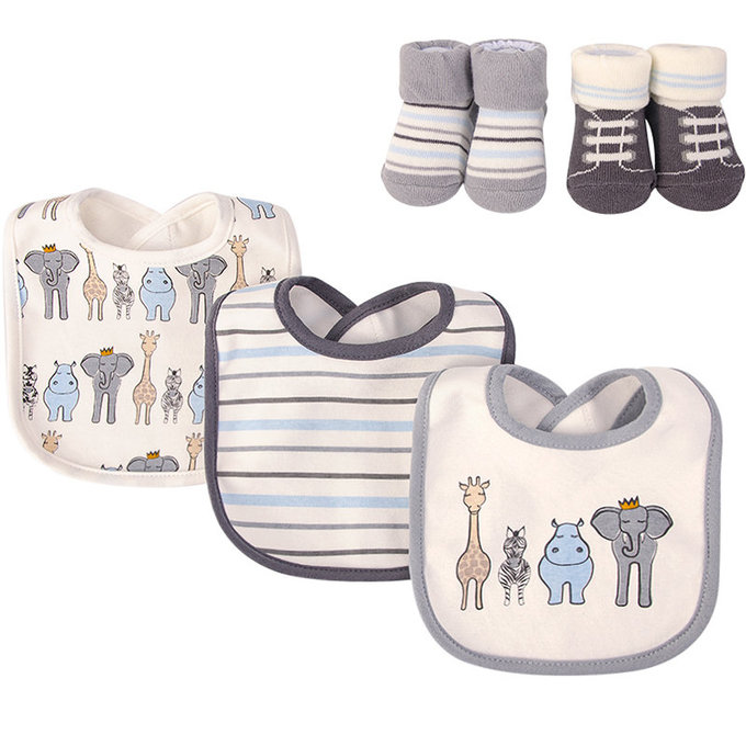 美國 luvable friends 甜蜜寶貝  嬰幼兒吸水口水巾圍兜與短襪組_可愛動物園(LF56221)