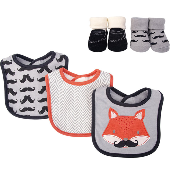 美國 luvable friends 甜蜜寶貝  嬰幼兒吸水口水巾圍兜與短襪組_鬍子狐狸(LF56224)