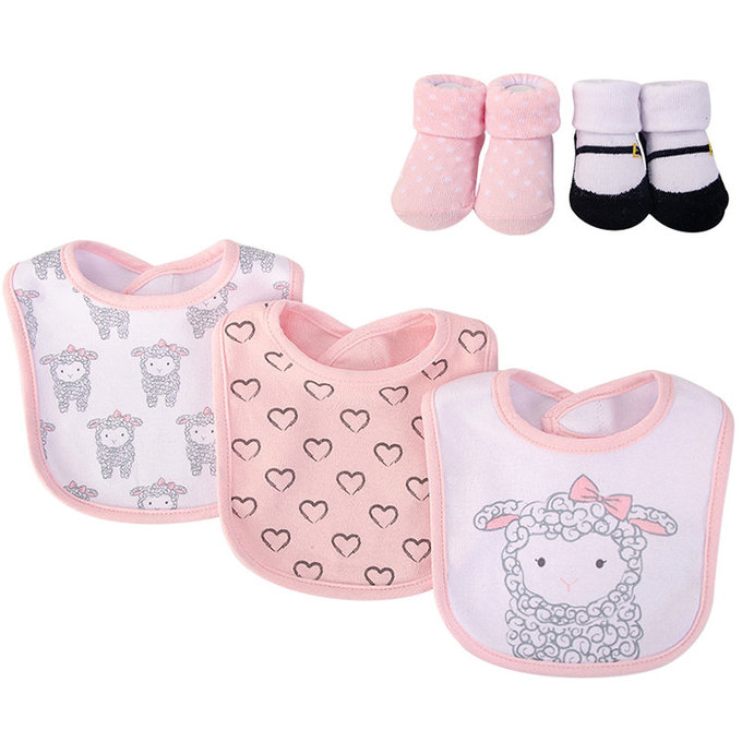 美國 luvable friends 甜蜜寶貝  嬰幼兒吸水口水巾圍兜與短襪組_粉綿羊(LF56226)