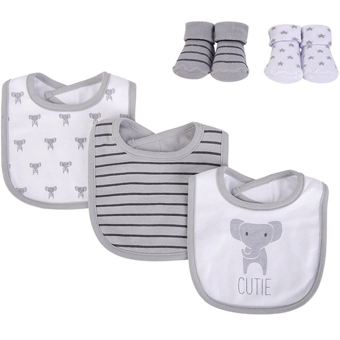美國 luvable friends 甜蜜寶貝  嬰幼兒吸水口水巾圍兜與短襪組_灰色大象(LF56259)