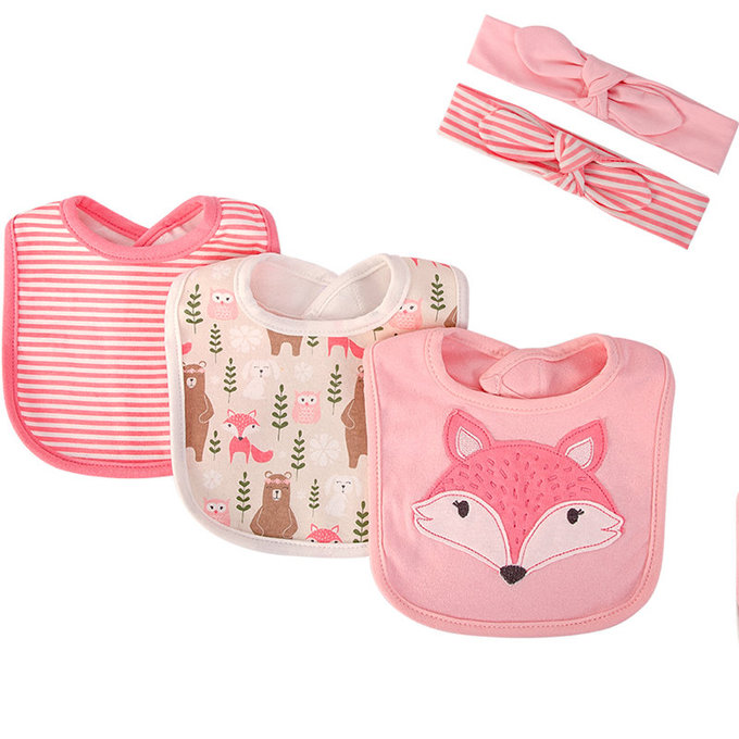 美國 luvable friends 甜蜜寶貝  嬰幼兒吸水口水巾圍兜與髮帶組_甜美狐狸(LF56230)