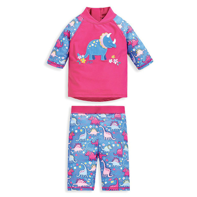 英國 JoJo Maman BeBe 嬰幼兒/兒童兩件式防曬泳裝_粉藍三角龍(JJE5031)