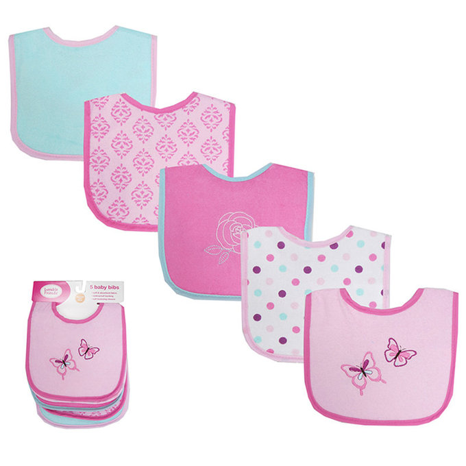 美國 luvable friends 甜蜜寶貝  嬰幼兒口水巾圍兜5入組(上層棉質吸水/底層防水)_粉蝴蝶(LF02331)