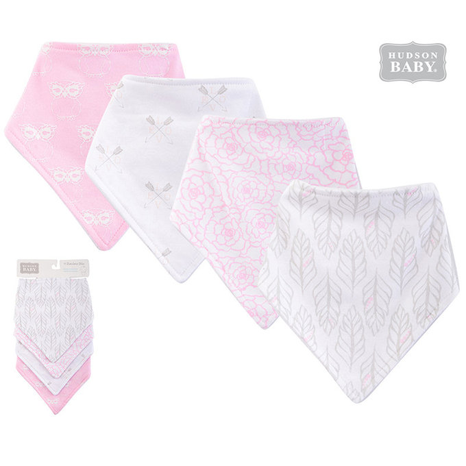 美國 luvable friends 甜蜜寶貝  100%純棉嬰幼兒三角領巾/口水巾圍兜4入組_粉白貓頭鷹(LF51406)