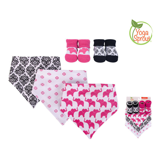 美國 luvable friends 甜蜜寶貝  100%純棉三角領巾3入組+短襪2入套裝組_桃紅大象(LF93202)