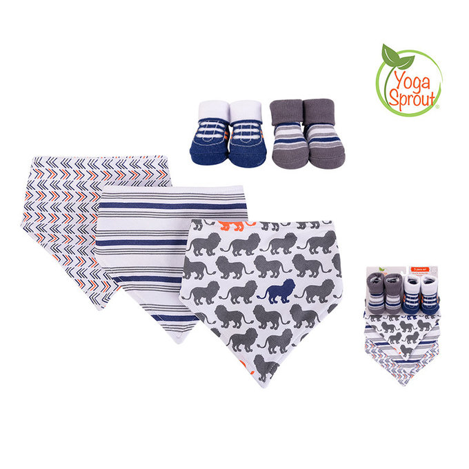 美國 luvable friends 甜蜜寶貝  100%純棉三角領巾3入組+短襪2入套裝組_調皮獅子(LF93206)