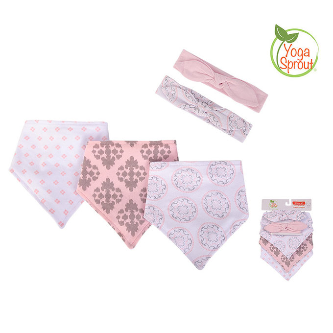 美國 luvable friends 甜蜜寶貝  100%純棉三角領巾3入組+髮帶2入套裝組_粉橘圖騰(LF93204)