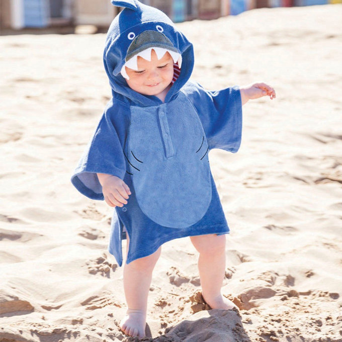 英國 JoJo Maman BeBe 嬰幼兒/兒童游泳浴巾_藍鯊(JJD8803)