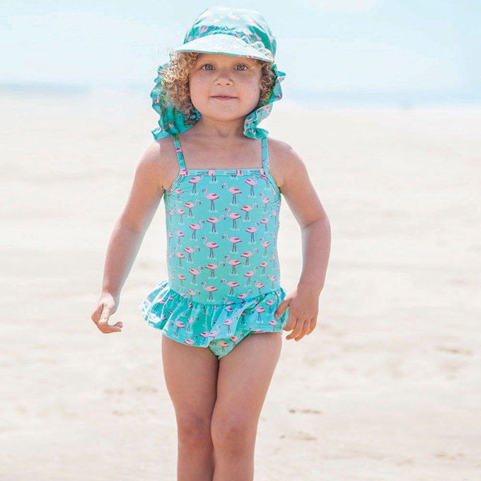 英國 JoJo Maman BeBe 嬰幼兒/兒童UPF50+防曬護頸遮陽帽_紅鶴玩水 (JJVS-d2112-F)