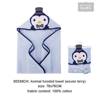 美國  luvable friends  100% 純棉嬰幼兒動物造型連帽浴巾/包巾_藍企鵝  (LF00339)-