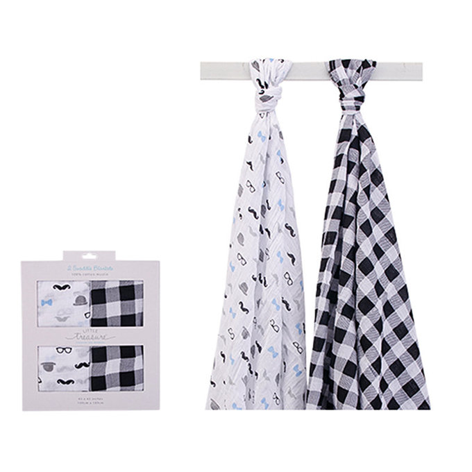 美國 luvable friends 甜蜜寶貝  多用途嬰兒100%純棉戲紗布包巾2入禮盒組_方格與鬍子(LF00566)