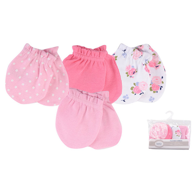 美國 luvable friends 甜蜜寶貝  100%純棉新生兒 防抓手套 護手套4入組_粉色玫瑰(LF34725)