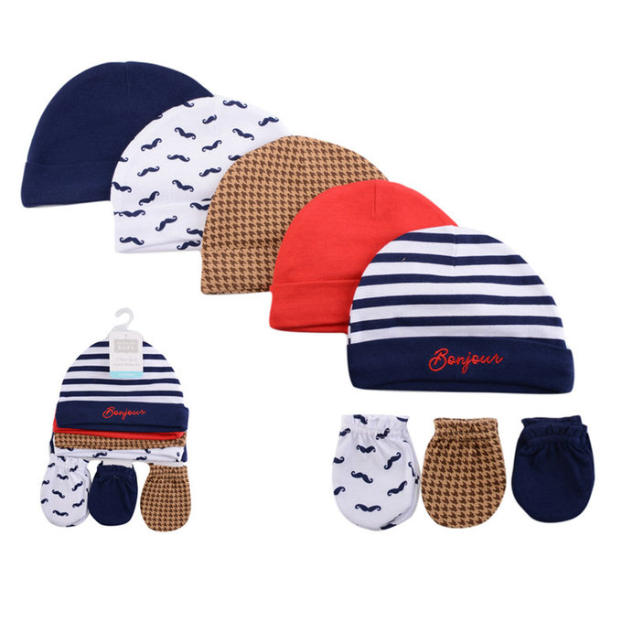 美國 luvable friends 甜蜜寶貝  100%純棉新生兒保暖棉帽+防抓手套/護手套8入組_藍色翹鬍子(LF51482)