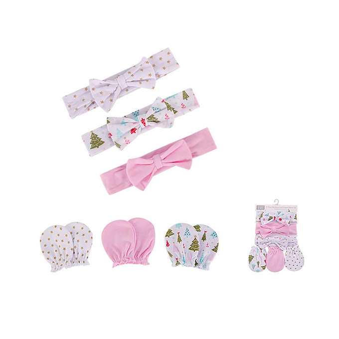 美國 luvable friends 甜蜜寶貝  嬰幼兒新生兒髮帶3入組+100%純棉防抓手套護手套3入組_粉色聖誕節(LF56549)