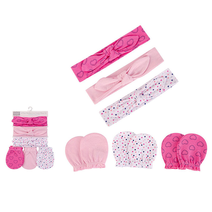 美國 luvable friends 甜蜜寶貝  嬰幼兒新生兒髮帶3入組+100%純棉防抓手套護手套3入組_愛心點點(LF56163)