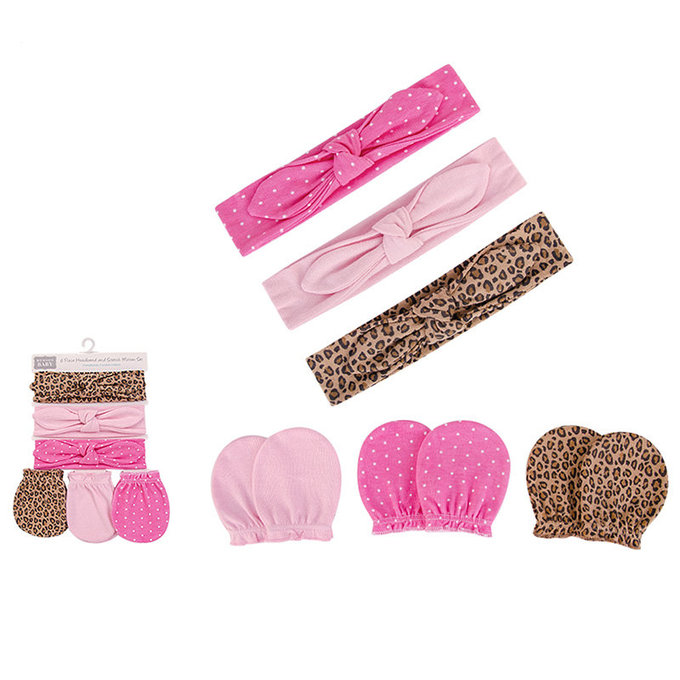 美國 luvable friends 甜蜜寶貝  嬰幼兒新生兒髮帶3入組+100%純棉防抓手套護手套3入組_豹紋蜜桃(LF56169)