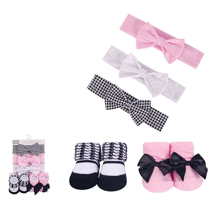美國 luvable friends 甜蜜寶貝  嬰幼兒新生兒髮帶3入組+襪子2入組_千鳥格(LF54298)