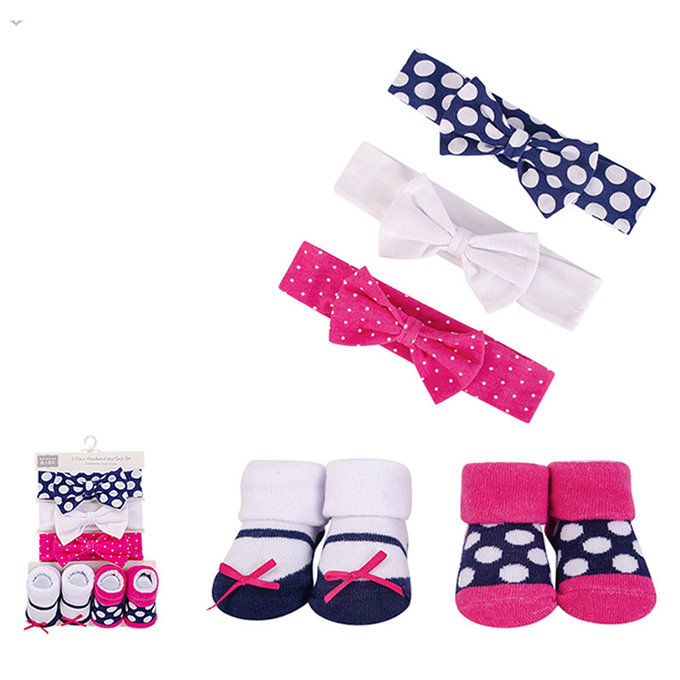 美國 luvable friends 甜蜜寶貝  嬰幼兒新生兒髮帶3入組+襪子2入組_海軍藍點點(LF54483)