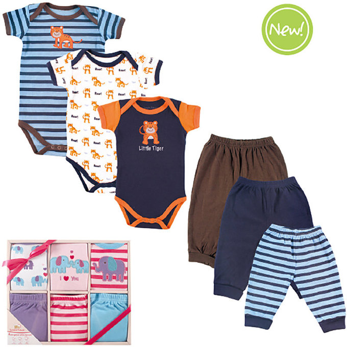 美國 luvable friends 甜蜜寶貝  嬰幼兒包屁衣與長褲6入禮盒組_粉色親親大象(07156)