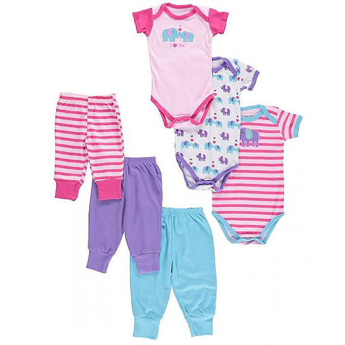 美國 luvable friends 甜蜜寶貝  嬰幼兒包屁衣與長褲6入禮盒組_粉色親親大象(07156)