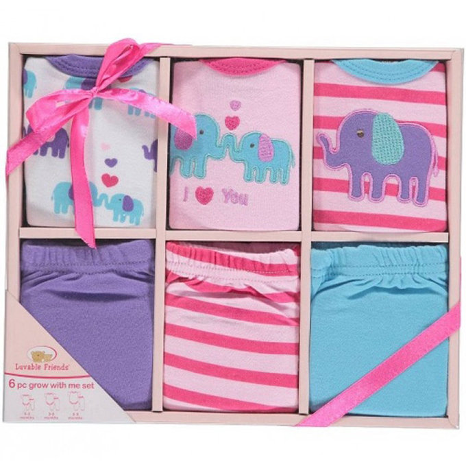 美國 luvable friends 甜蜜寶貝  嬰幼兒包屁衣與長褲6入禮盒組_粉色親親大象(07156)
