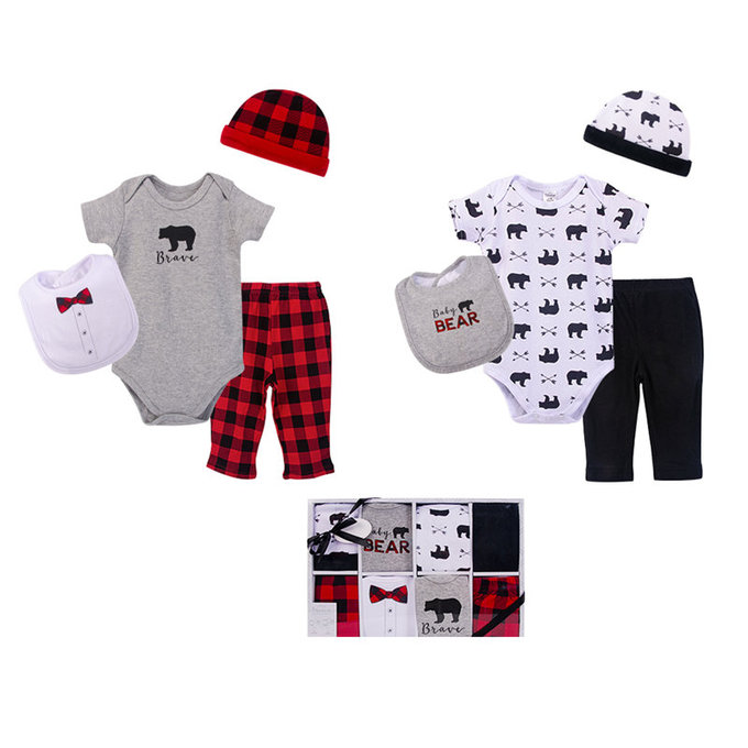 美國 luvable friends 甜蜜寶貝  嬰幼兒包屁衣與長褲最佳送禮8入禮盒組_紅色棕熊(LF77009)