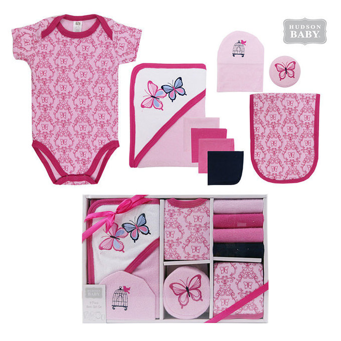 美國 luvable friends 甜蜜寶貝  嬰幼兒包屁衣與長褲9入禮盒組_ 粉色蝴蝶(LF58128)