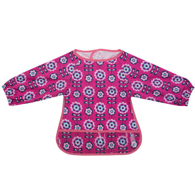 英國 JoJo Maman BeBe長袖圍兜/吃飯衣_桃紅花 (JJSBL-02)