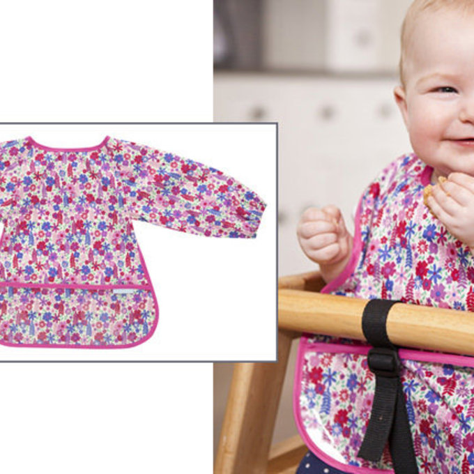 英國 JoJo Maman BeBe長袖圍兜/吃飯衣_繽紛粉花 (JJSBL-05)